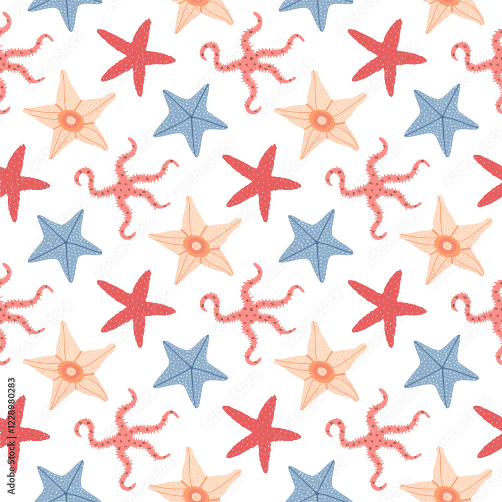 Starfish seamless pattern. Trendy pattern of starfish for wrapping paper, wallpaper, stickers, notebook cover. Starfish seamless pattern. Trendy pattern of starfish for wrapping paper, wallpaper, stickers, notebook cover.