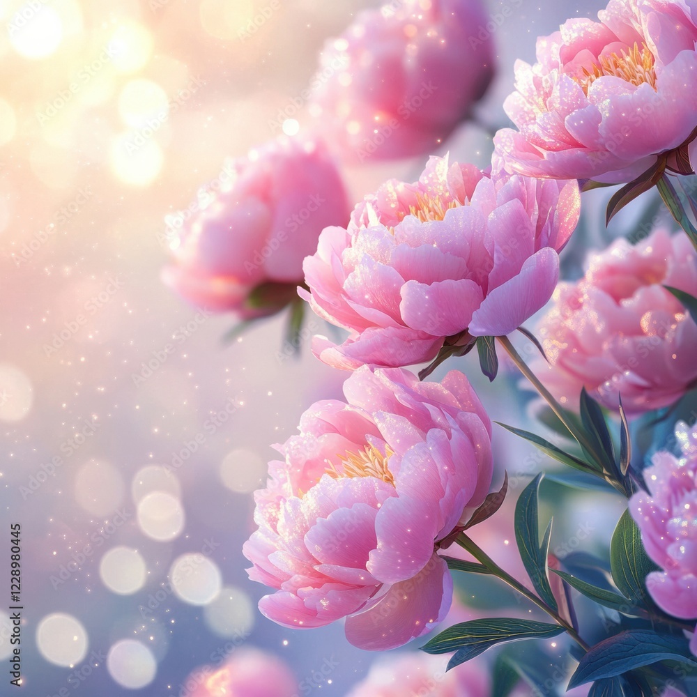 Beautiful peonies in soft pink bloom against a shimmering background filled with warm sunlight and bokeh effects. Generative AI Beautiful peonies in soft pink bloom against a shimmering background filled with warm sunlight and bokeh effects. Generative AI