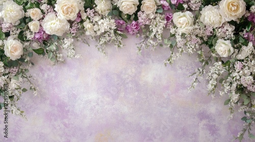 Floral arrangement of roses, lilac, and other blossoms on a textured purple background.