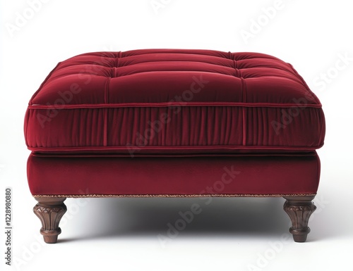 Red velvet tufted ottoman on wooden legs. (1) photo