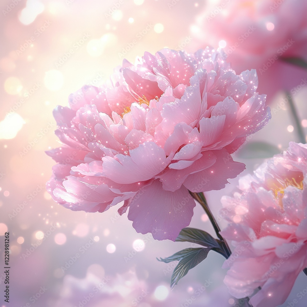 Obraz premium Pink peony blossoms shimmering softly in a dreamy garden setting during golden hour. Generative AI