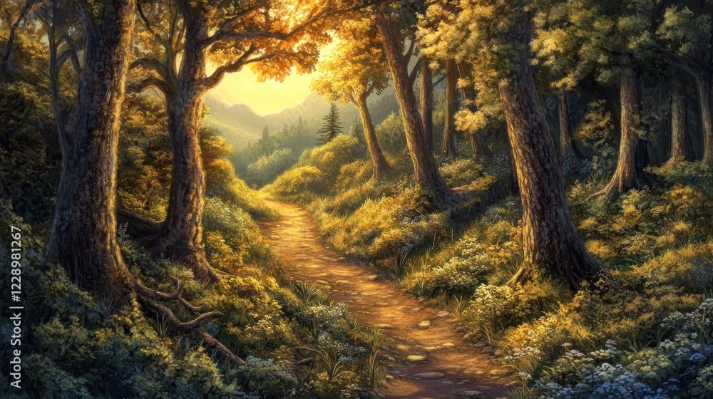 Sunlit path winding through a lush forest with trees, plants, and hills in the background. Sunlit path winding through a lush forest with trees, plants, and hills in the background.