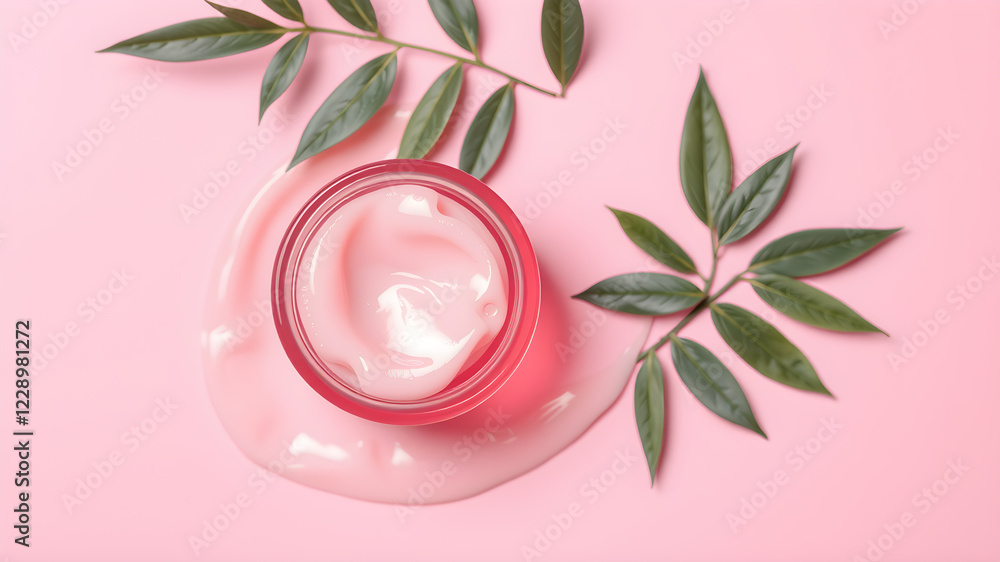 Cosmetic gel on pink background, top view. Space for text. Generative AI Cosmetic gel on pink background, top view. Space for text. Generative AI
