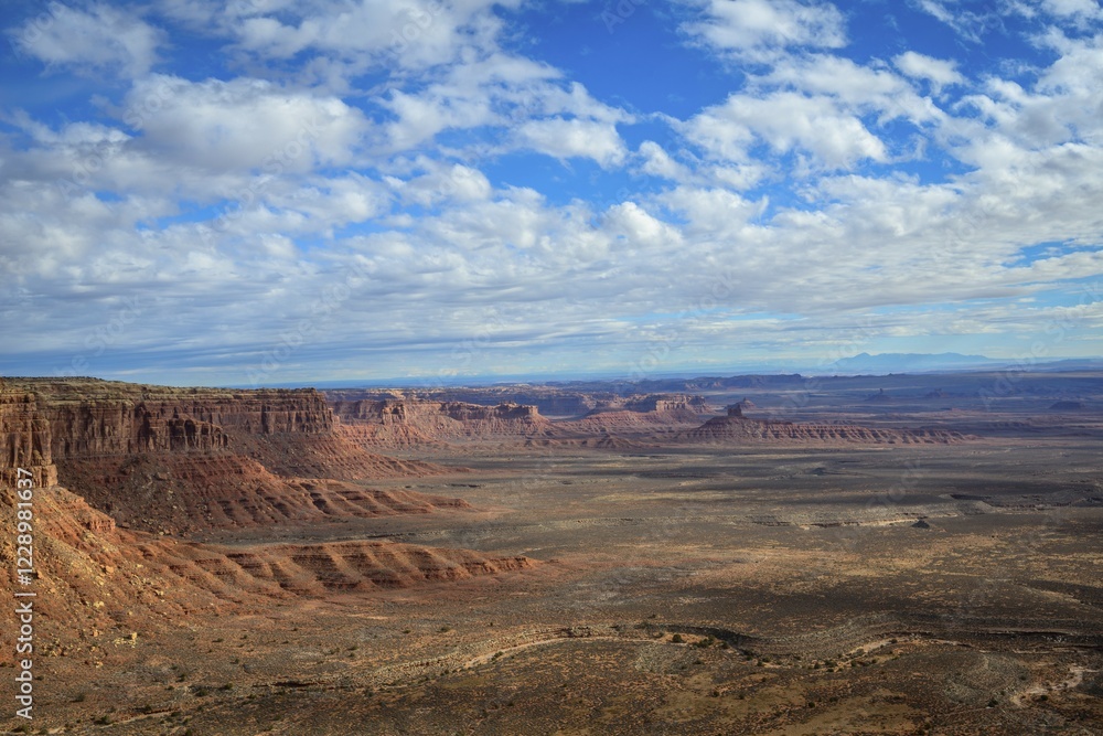 Cedar Mesa at Moki Dugway, eroded Table Mountains, view to the Valley of the Gods, Bears Ears National Monument, Utah State Route 261, Utah, USA, North America Cedar Mesa at Moki Dugway, eroded Table Mountains, view to the Valley of the Gods, Bears Ears National Monument, Utah State Route 261, Utah, USA, North America