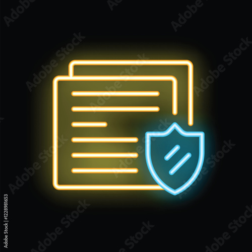 Neon icon of documents being protected by a shield, representing data protection