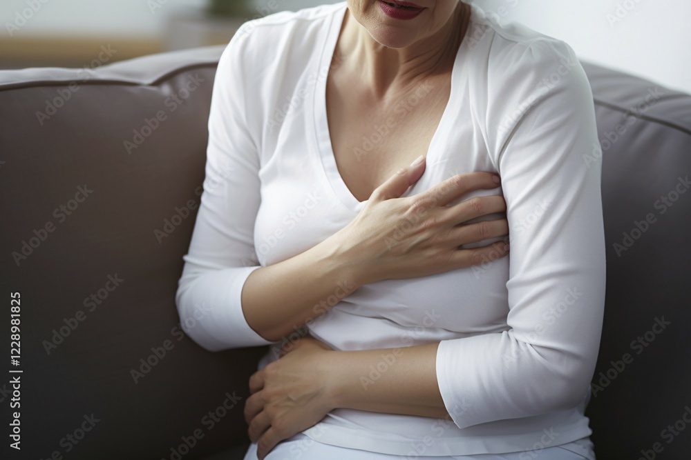 Middle aged woman having chest pain. KI generiert, generiert, AI generated