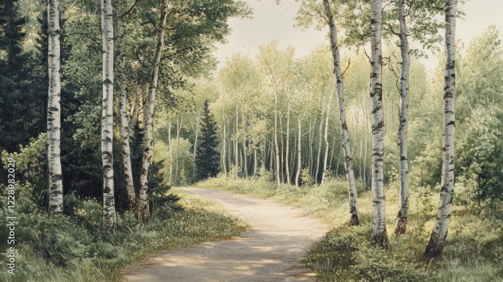 Fototapeta premium Sunlit path winding through a birch and pine forest.