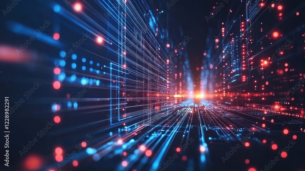 Fototapeta premium Futuristic digital landscape with glowing lines and particles