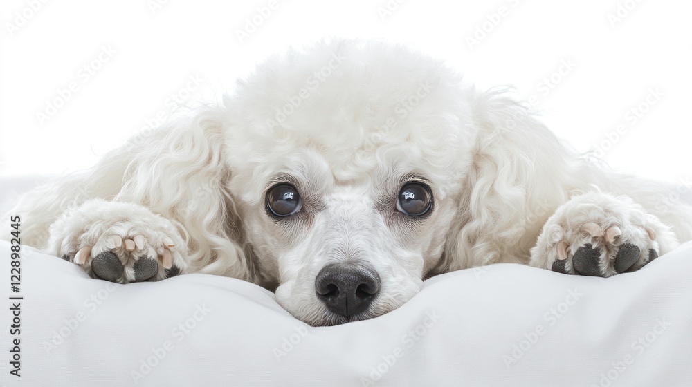 Adorable white poodle puppy resting on a white pillow, looking at the camera. Adorable white poodle puppy resting on a white pillow, looking at the camera.