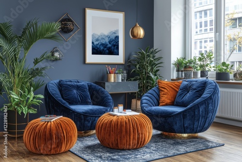 Stylish Living Room Interior Design Featuring Blue Velvet Chairs photo