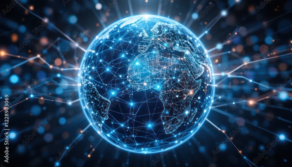 Obraz premium Global network connection, digital earth, glowing lines, data flow, website banner