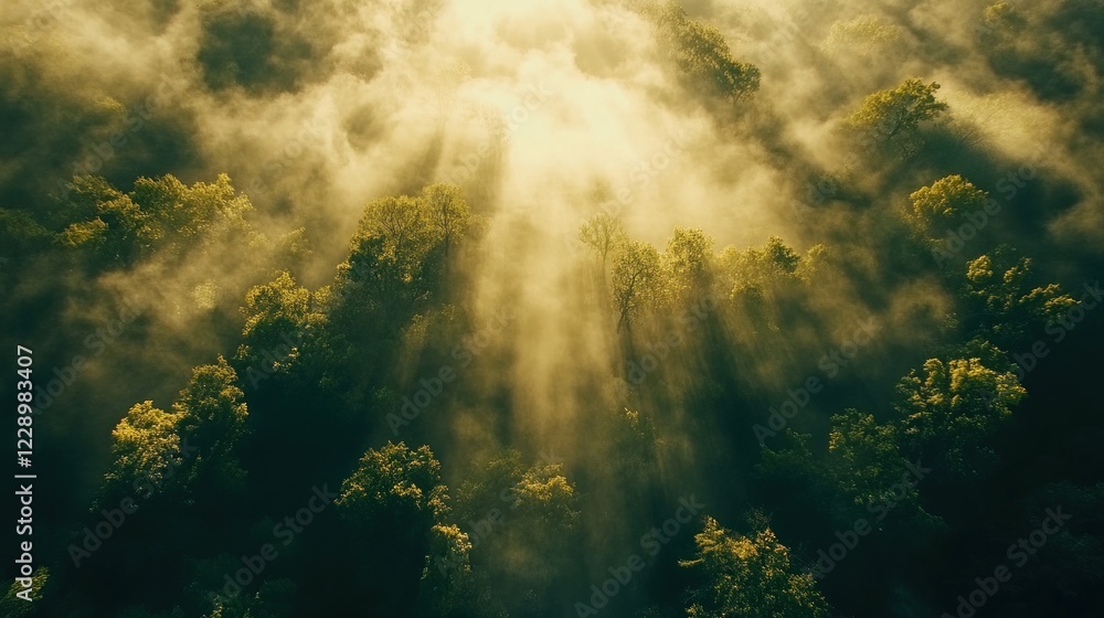 Naklejka premium Aerial view of sun rays breaking through morning mist over a lush forest.
