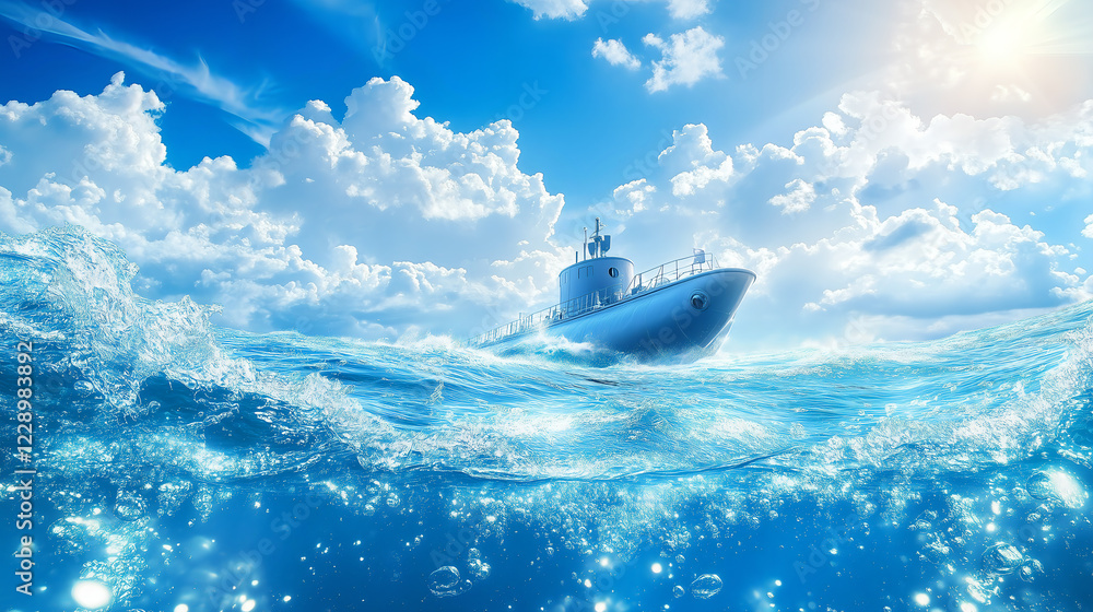 Submarine in the middle of the sea, the details of the ship are clearly visible with the sparkling water surface around it, the background is blue sky and white clouds. AI generated images. Submarine in the middle of the sea, the details of the ship are clearly visible with the sparkling water surface around it, the background is blue sky and white clouds. AI generated images.