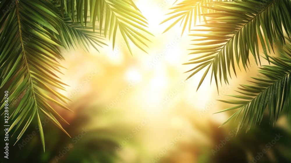 Lush green palm leaves frame a bright, sunlit background. Lush green palm leaves frame a bright, sunlit background.