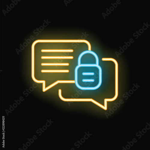 Neon icon of chat bubbles with a padlock symbolizing secure and encrypted communication