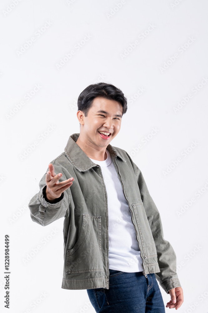 A man in a green jacket is smiling and waving A man in a green jacket is smiling and waving