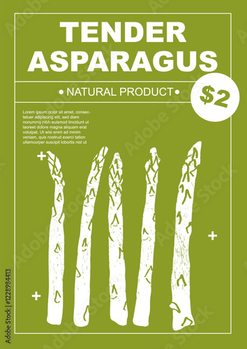 Tender asparagus. Set of posters of vegetables in a abstract draw design. Label or poster, price tag. Simple, flat design. Patterns and backgrounds. Perfect for poster, cover, banner.