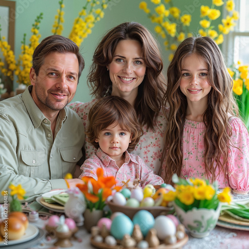 Easter dinner celebration. Festive Easter dinner table. Beautiful holiday setting. Easter dining happiness