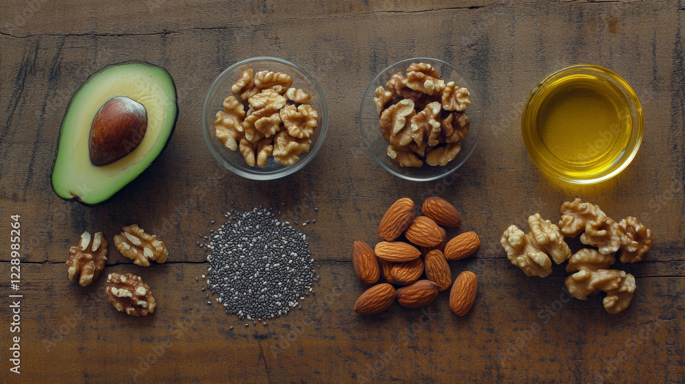 Healthy fat sources including avocado, walnuts, almonds, chia seeds, and olive oil arranged on wooden surface, showcasing nutritious options for balanced diet Healthy fat sources including avocado, walnuts, almonds, chia seeds, and olive oil arranged on wooden surface, showcasing nutritious options for balanced diet