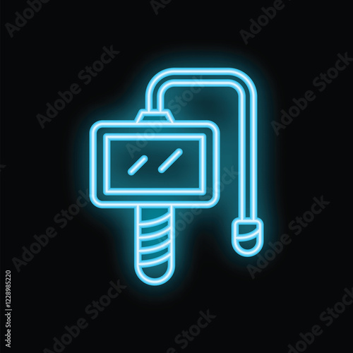 Blue neon icon of a stud welding machine glowing on a black background