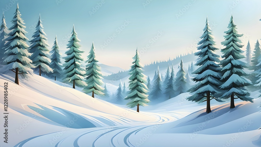 Naklejka premium Abstract winter wonderland with minimalist stylized pine trees and snowdrifts using soft pastel colors and gentle curves, AI generated