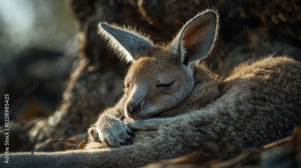 Fototapeta premium A cute joey kangaroo sleeps peacefully curled up, bathed in warm sunlight.