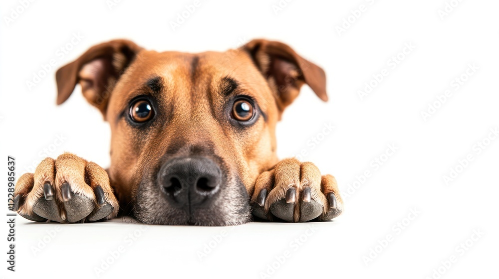 Adorable brown dog resting paws on white background, looking at camera with big, expressive eyes.