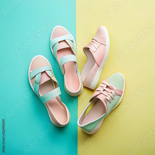 Sneakers and Heeled Sandals on a Colorful Background