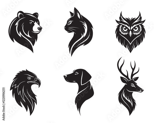 Wallpaper Mural Collection of black and white tribal animal head illustrations featuring bear cat owl eagle dog and deer perfect for tattoos logos and wildlife branding Torontodigital.ca