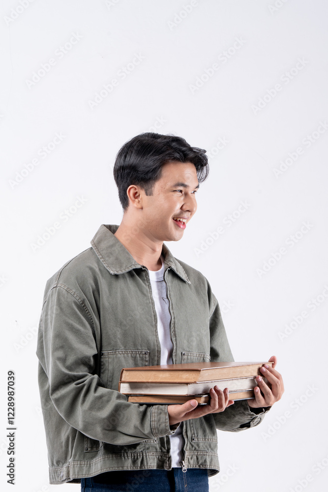 A young man and holding a stack of books A young man and holding a stack of books