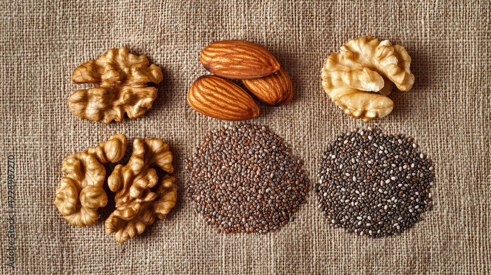 Nuts and seeds rich in omega 3, including walnuts, almonds, and chia seeds, arranged on textured fabric background, showcasing their natural colors and textures Nuts and seeds rich in omega 3, including walnuts, almonds, and chia seeds, arranged on textured fabric background, showcasing their natural colors and textures