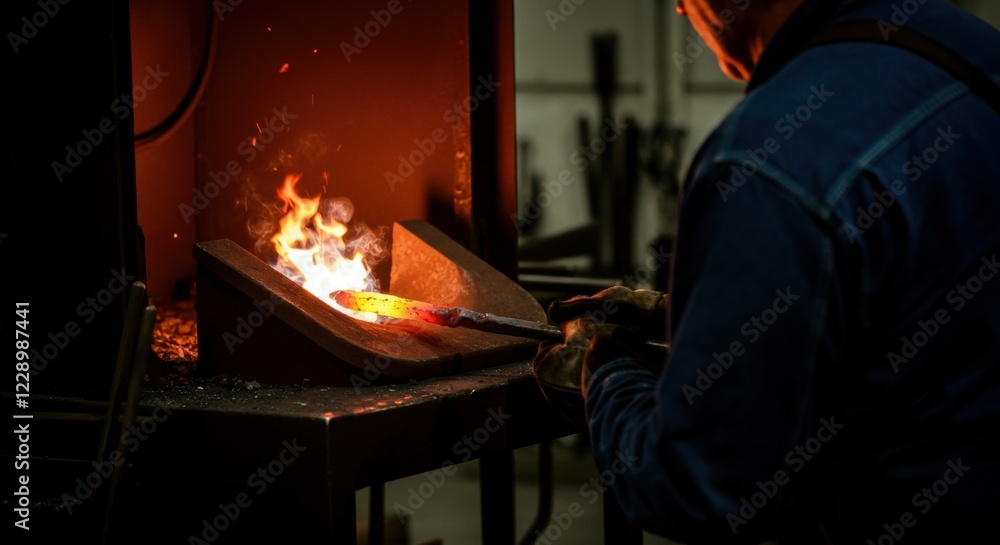 Caucasian male blacksmith forging metal in workshop with fire and anvil Caucasian male blacksmith forging metal in workshop with fire and anvil