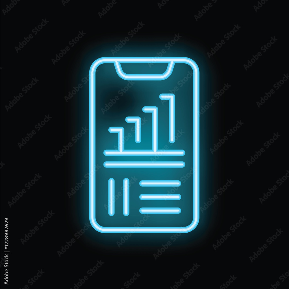 Neon blue icon of a smartphone displaying a growing chart, perfect for concepts like mobile trading and online business Neon blue icon of a smartphone displaying a growing chart, perfect for concepts like mobile trading and online business