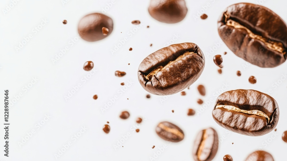 Roasted coffee beans splashing in a dynamic burst of flavor and aroma, capturing the essence of fresh coffee. Roasted coffee beans splashing in a dynamic burst of flavor and aroma, capturing the essence of fresh coffee.