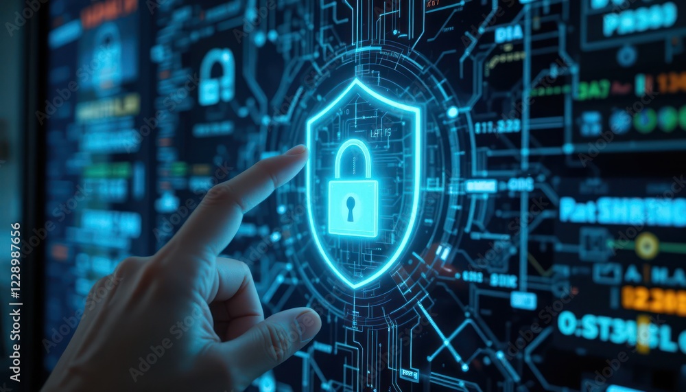Hand interacting with digital security shield on monitor, complex background Hand interacting with digital security shield on monitor, complex background