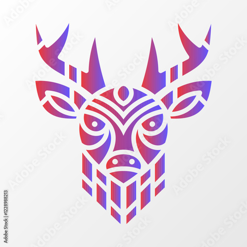 Stylized deer head illustration featuring intricate geometric details, vibrant red and purple gradient, and a clean white background. Symmetrical Deer Head with Geometric Patterns photo