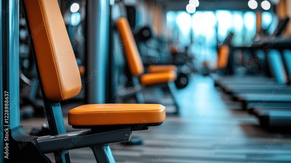 Fototapeta premium Orange gym equipment seats in modern fitness center.