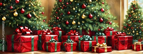 Abstract illustration of wrapped Christmas gifts, shiny ribbons and bows, stacked under a evergreen tree in a cozy living room, AI generated