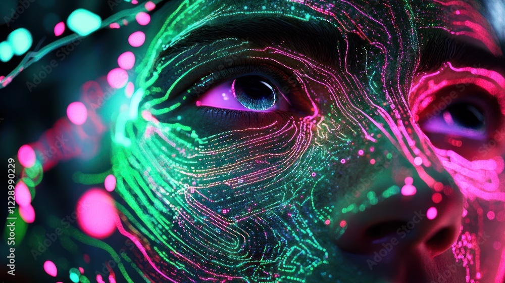 Naklejka premium Close-up of a face with neon light patterns.