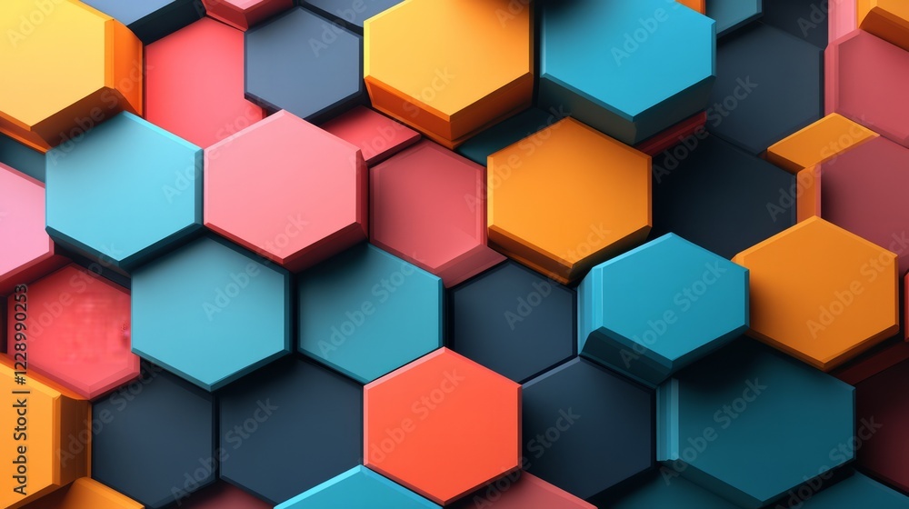 Cool, clean geometric shapes forming layered hexagons in bright, contrasting colors Cool, clean geometric shapes forming layered hexagons in bright, contrasting colors
