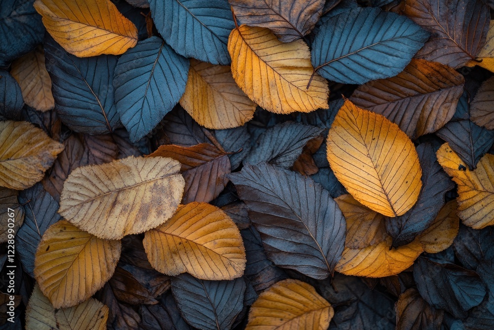 Close-up of fallen autumn leaves in dark teal, brown, and orange hues. Close-up of fallen autumn leaves in dark teal, brown, and orange hues.