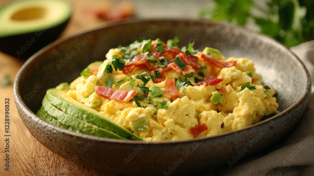 Scrambled eggs with avocado, bacon, and herbs in bowl, showcasing delicious ketogenic breakfast. Perfect for healthy start to day Scrambled eggs with avocado, bacon, and herbs in bowl, showcasing delicious ketogenic breakfast. Perfect for healthy start to day
