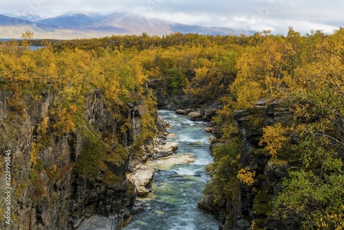 Autumnal Abisko Canyon, River Abiskojåkka, Abiskojakka, Abisko National Park, Norrbottens, Norrbottens län, Laponia, Lapland, Sweden, Europe photo