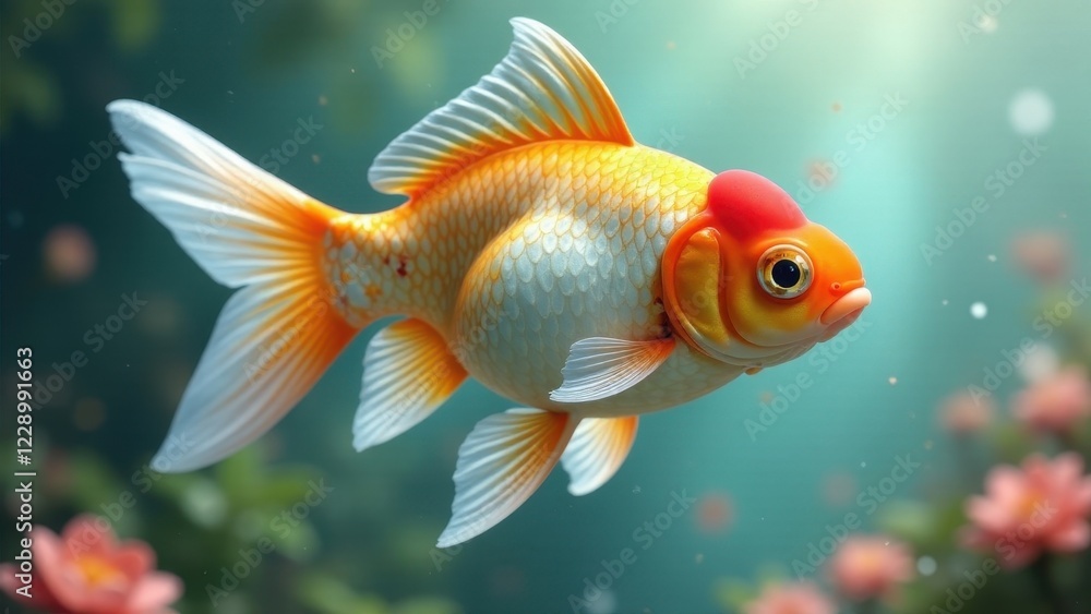 A vibrant orange and white goldfish gracefully swims through an underwater paradise, its fins delicately extending, surrounded by a serene aquatic environment and subtle blooms. A vibrant orange and white goldfish gracefully swims through an underwater paradise, its fins delicately extending, surrounded by a serene aquatic environment and subtle blooms.
