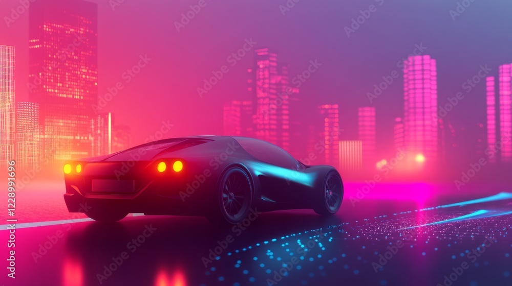 Fototapeta premium A car is driving down a road in a city. The car is black and has a red light on the front