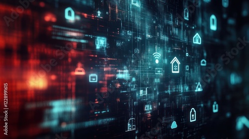 Abstract digital background with glowing icons representing smart home technology, security, and internet of things.