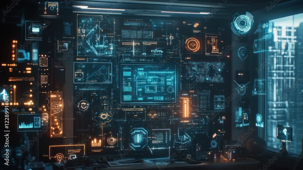 Futuristic digital interface wall with glowing displays showing data, graphs, and charts in a dark room with a city view. Futuristic digital interface wall with glowing displays showing data, graphs, and charts in a dark room with a city view.