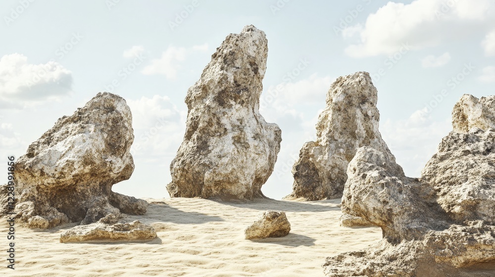 Unique rock formations on sandy beach under a bright sky with fluffy clouds in the background Unique rock formations on sandy beach under a bright sky with fluffy clouds in the background