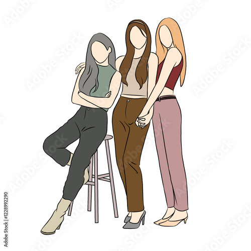 Vector illustration of three female idols.  Illustration of kpop female idol