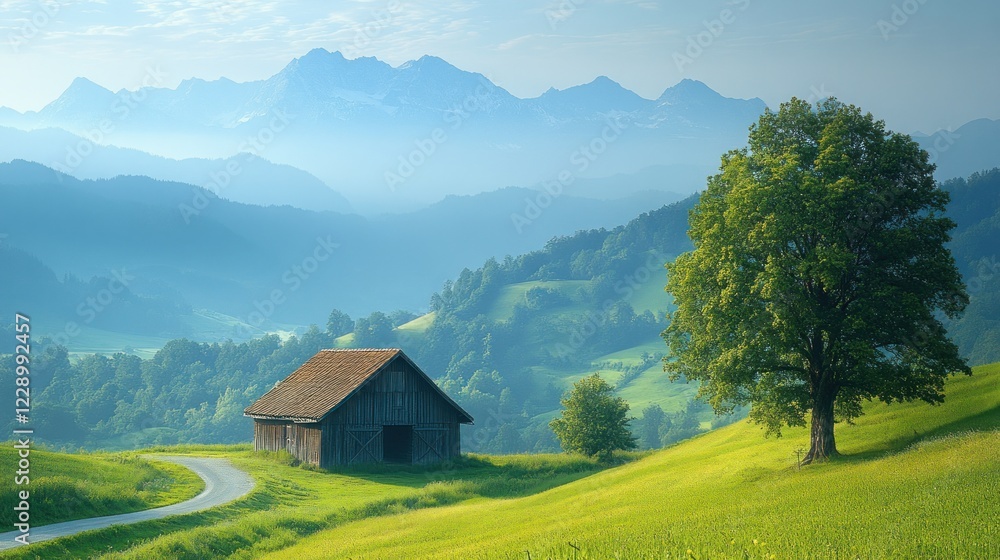 Serene mountain landscape with wooden barn, tree, and winding road. Serene mountain landscape with wooden barn, tree, and winding road.